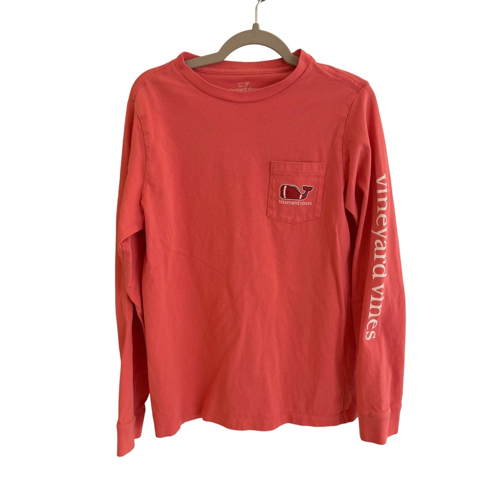 Vineyard Vines Boys S 8-10 Football Whale Long Sleeve Pocket T-Shirt Coral Pink